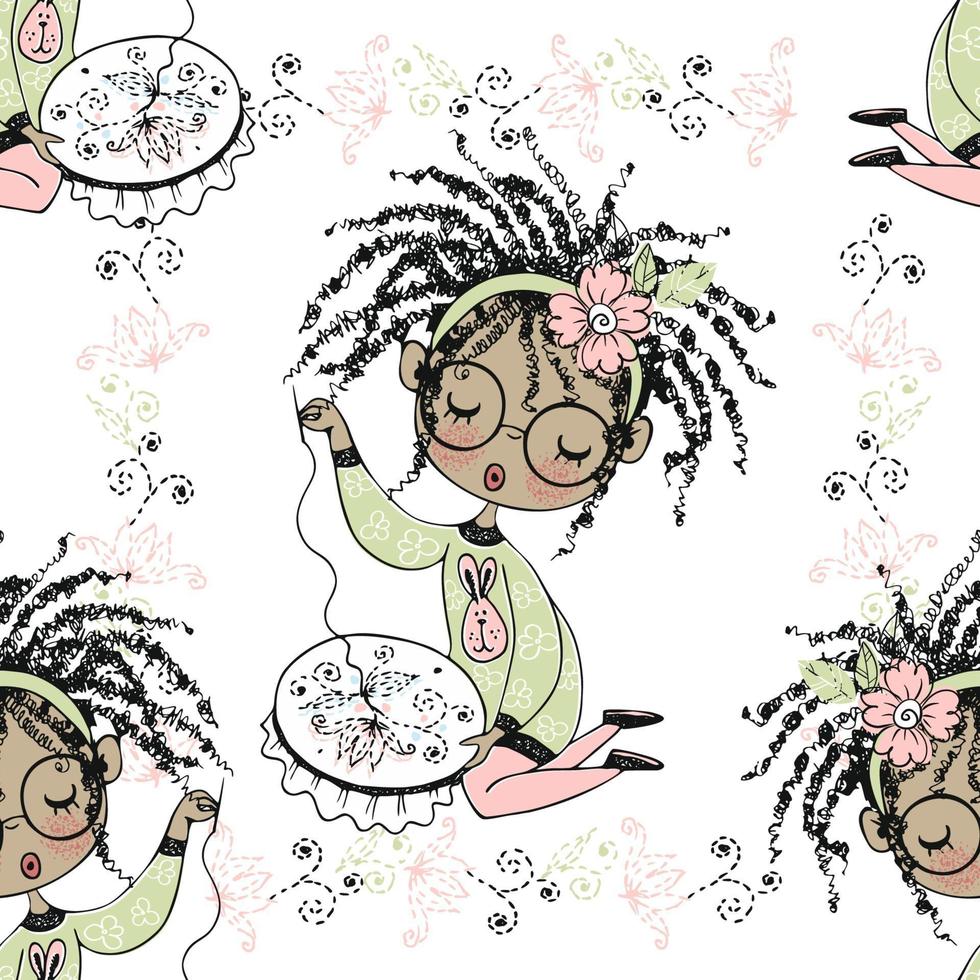 Seamless pattern with a cute little black girl needlewoman embroidering on an embroidery frame. Vector