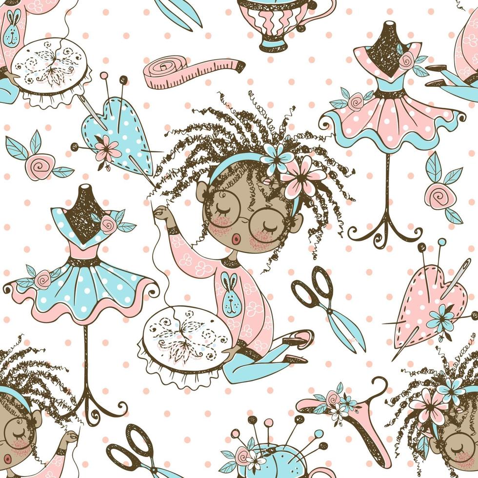 Seamless pattern with a cute little black girl needlewoman embroidering on an embroidery frame. Vector