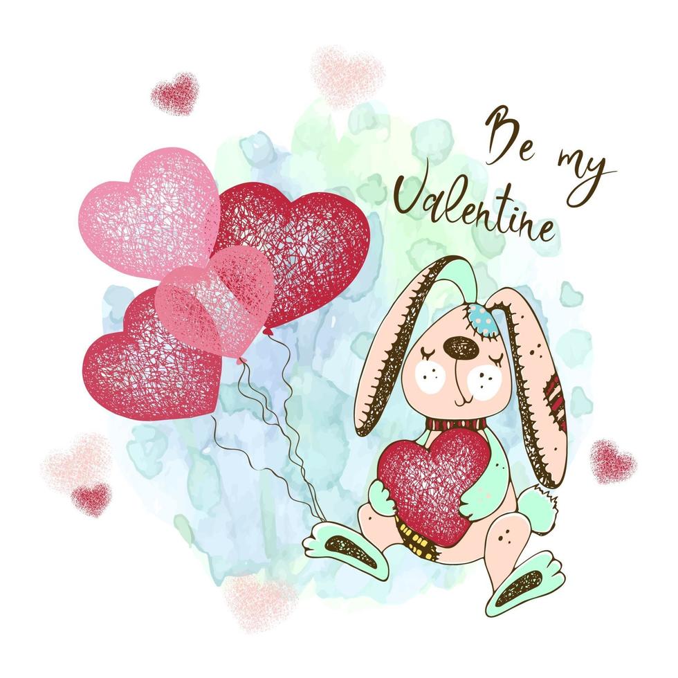 Valentine's Day greeting card with a funny bunny with balloons and a heart. be my valentine. Vector. vector