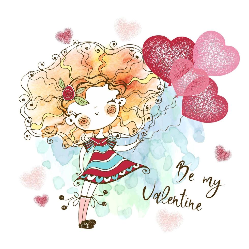 Sweet little girl with a balloons in the shape of a heart. You're my Valentine. Vector