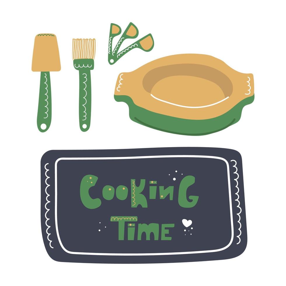 Hand drawn tray, baking dish, spatula, silicone brush for greasing, measuring spoons. Text Cooking time. vector