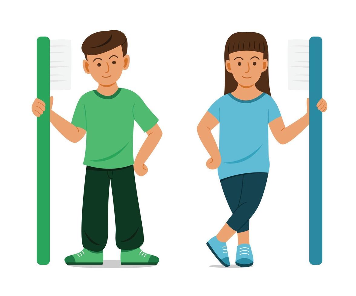 Children Stand and Hold a Big Toothbrush. vector
