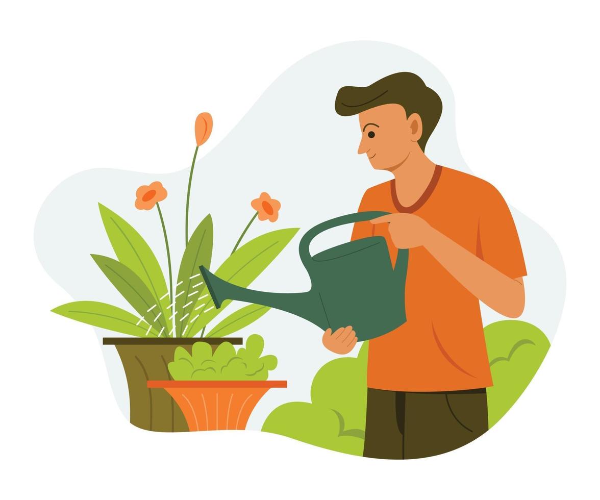 el hombre está regando las plantas en el jardín. vector