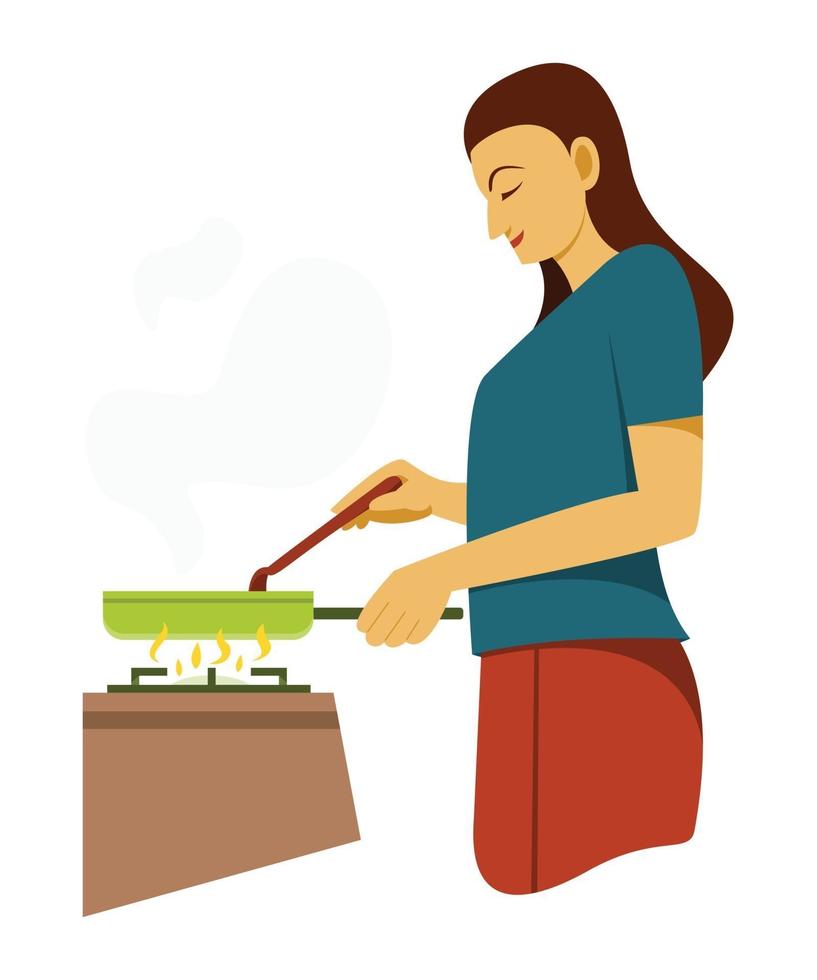 Woman is Cooking by Herself at Home. vector