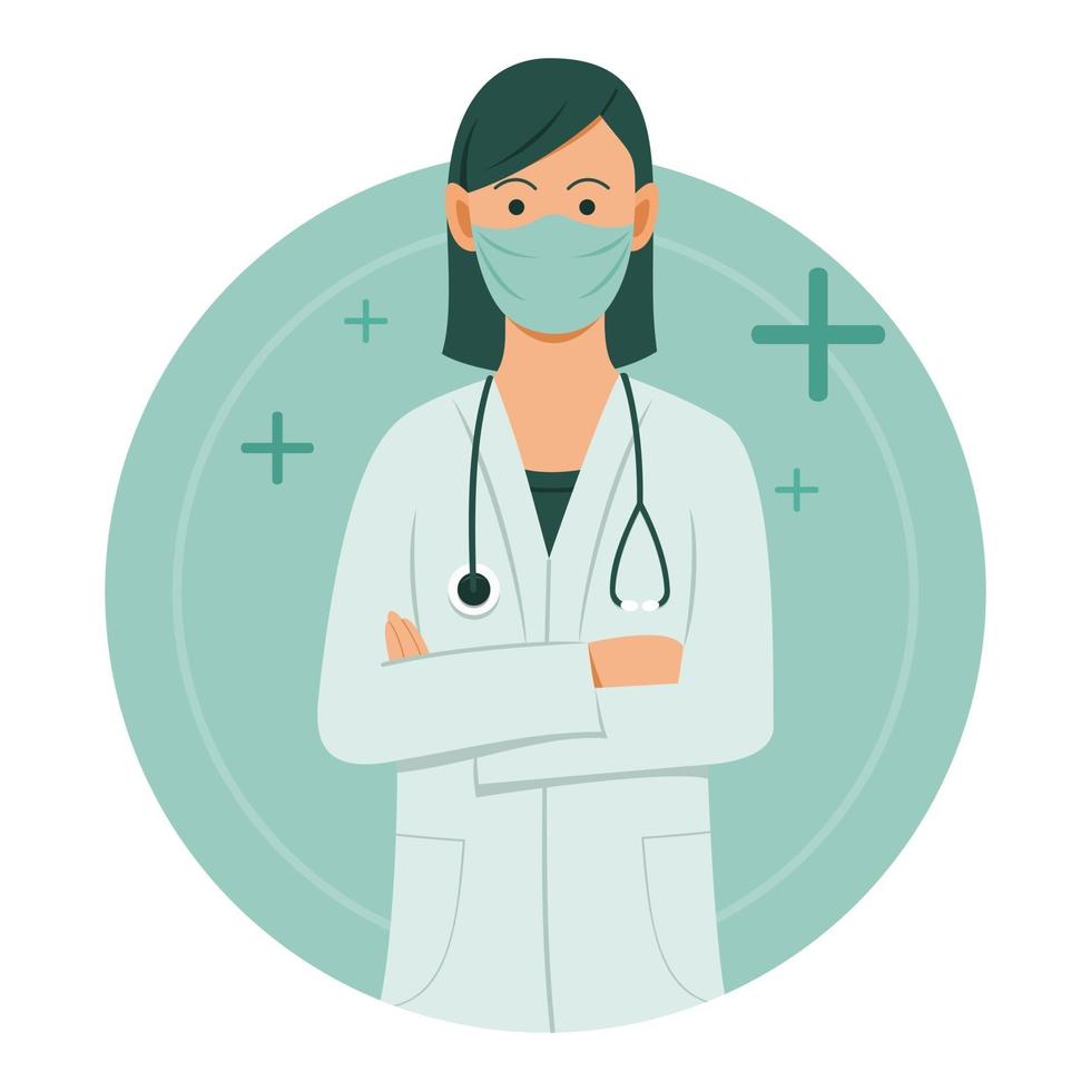 Female Doctor Wears Medical Mask and Medical Gown. vector