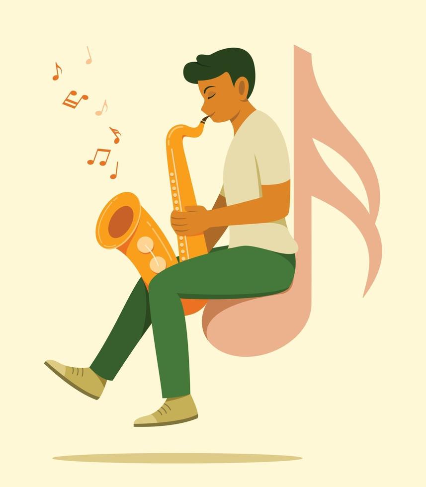 El hombre se sienta en el símbolo de la gran nota musical y disfruta tocando el saxofón. vector