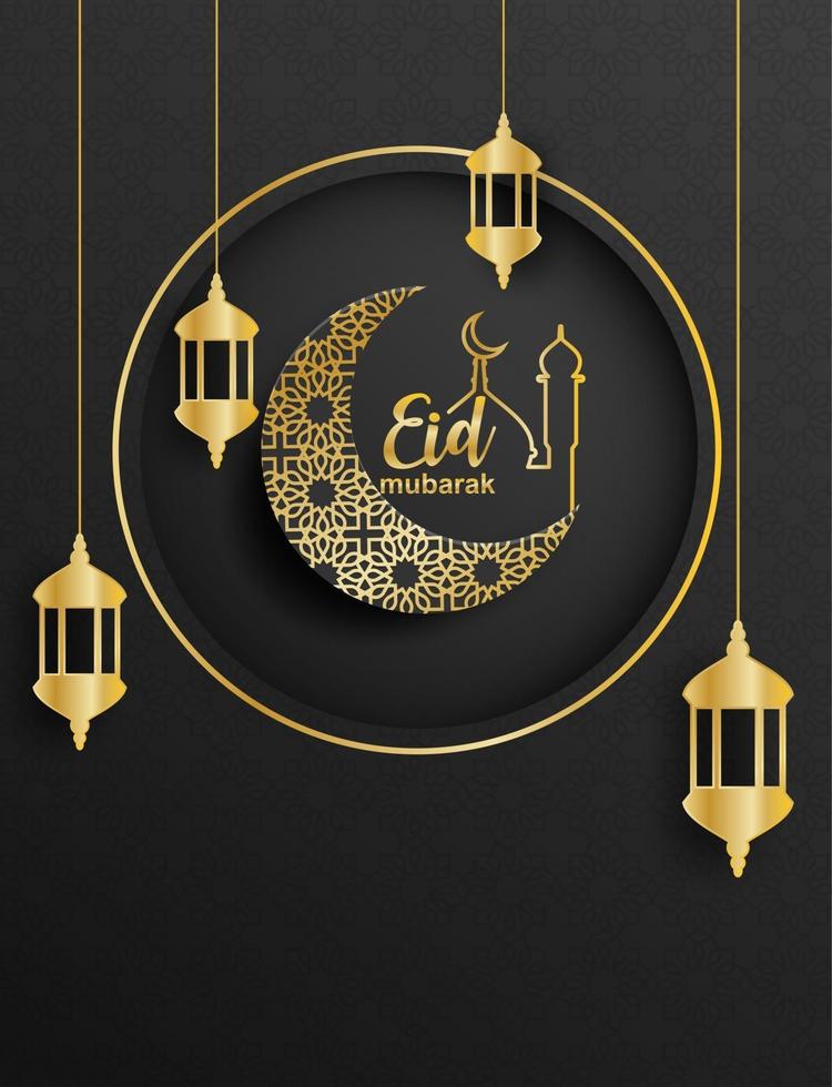 Eid mubarak, Ramadan mubarak background. Design with moon, gold lantern on black background. Vector. vector
