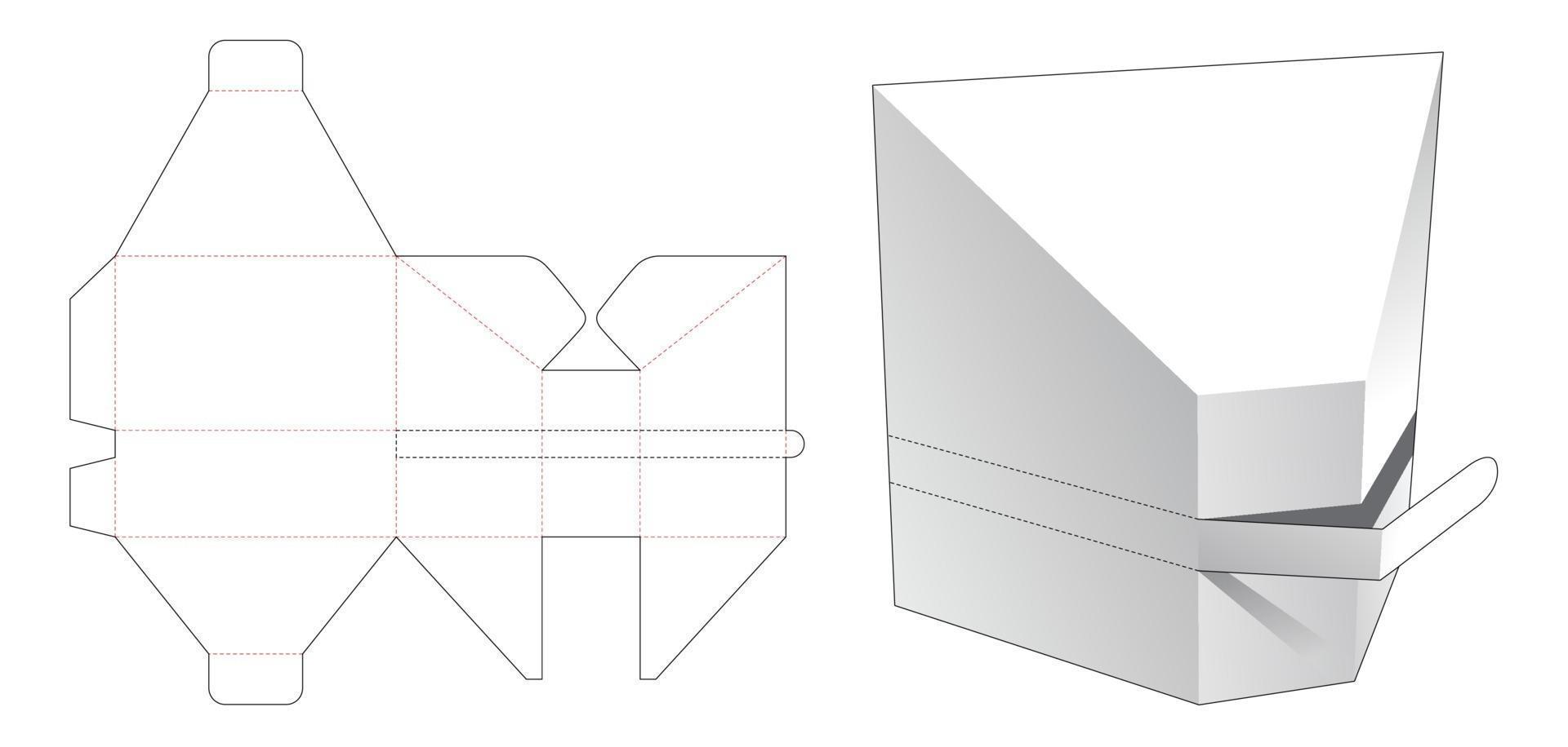 Prism shaped box with zipping die cut template vector