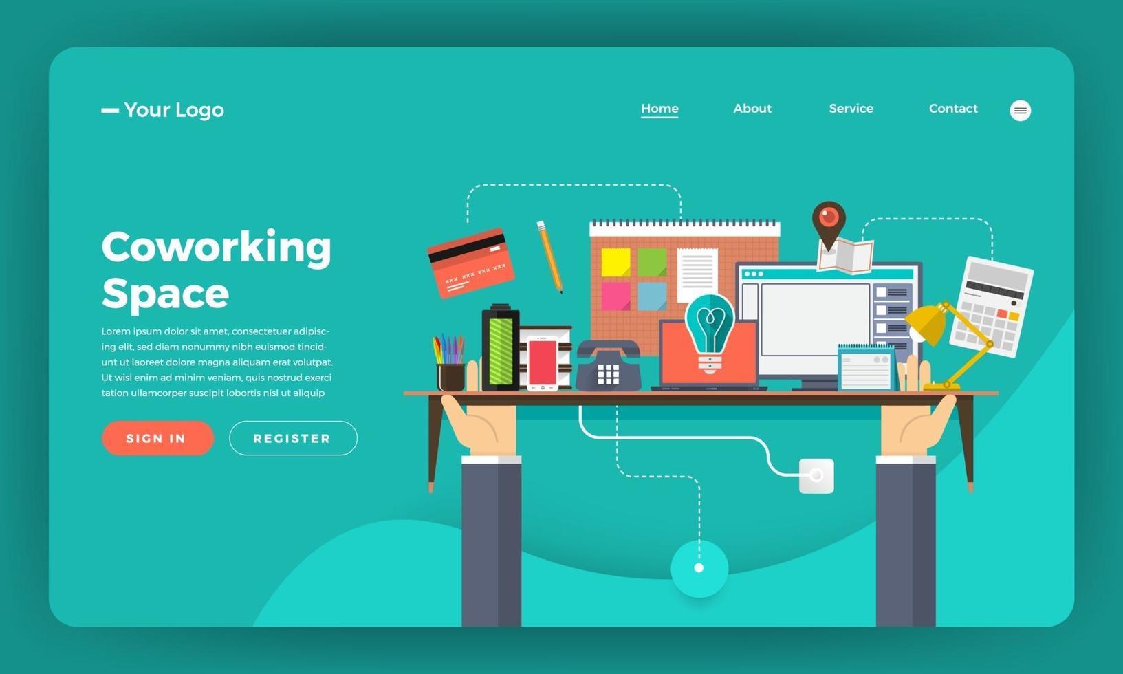 Coworking space landing page with business elements on desk vector