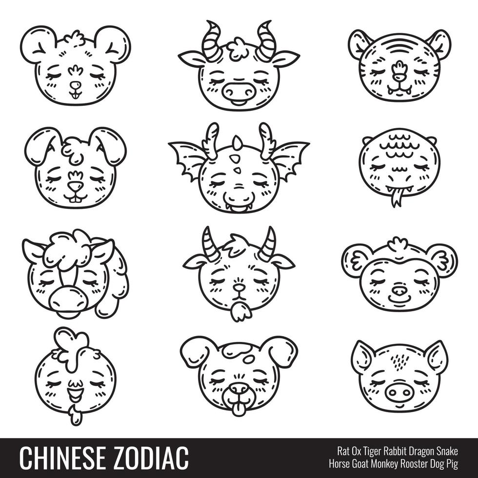 Cute chinese zodiac animals set. vector