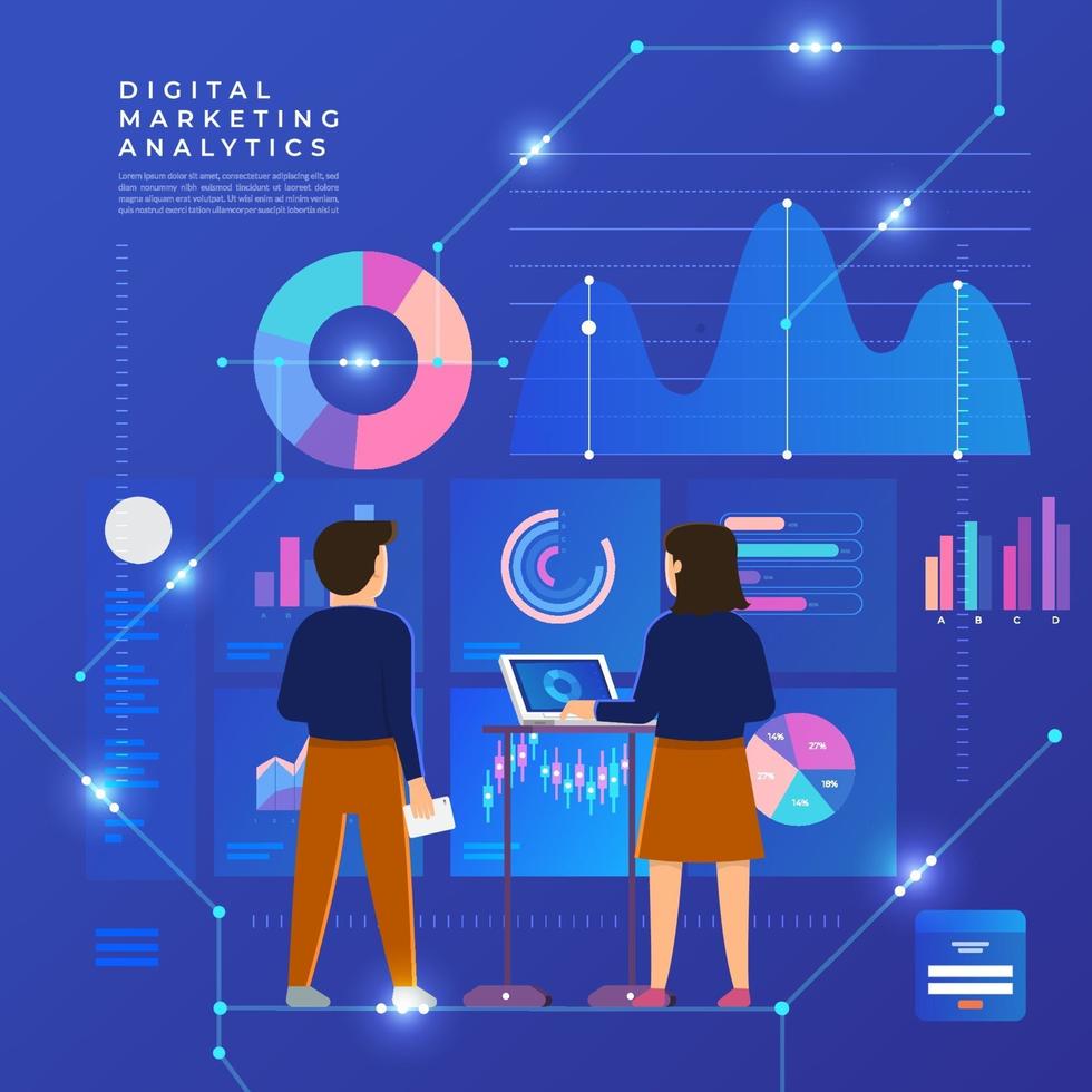 Flat design concept data analysis. Visualize with graph and chart marketing growth. Vector illustration.