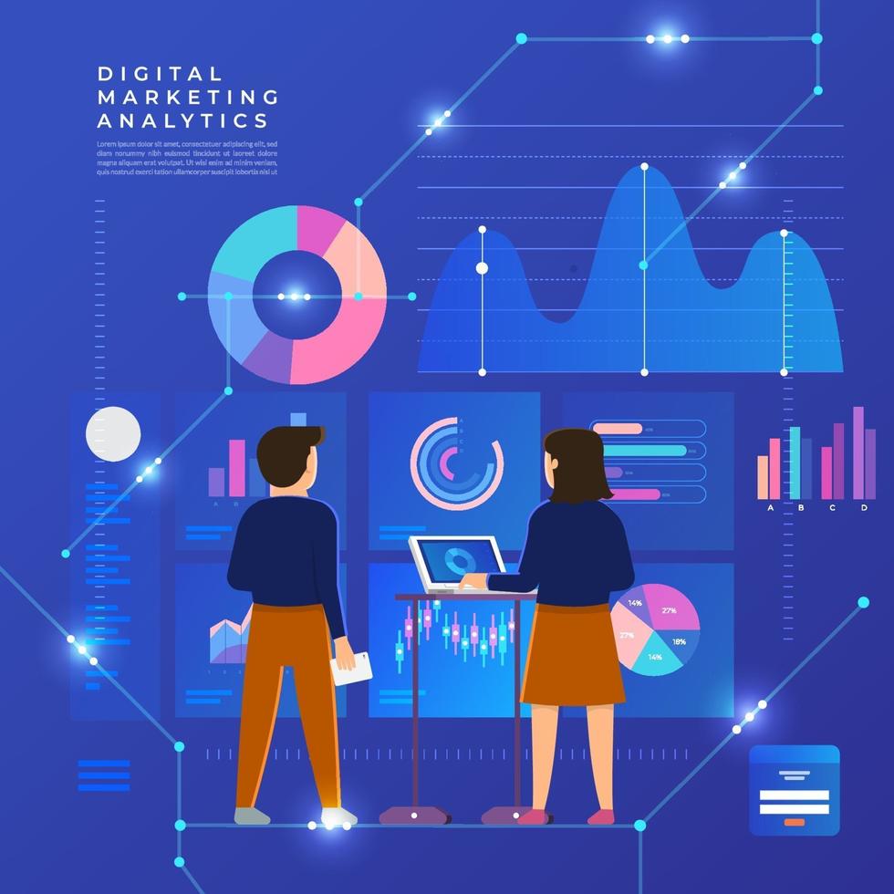 análisis de datos de concepto de diseño plano. visualice con gráficos y tablas el crecimiento del marketing. ilustración vectorial. vector