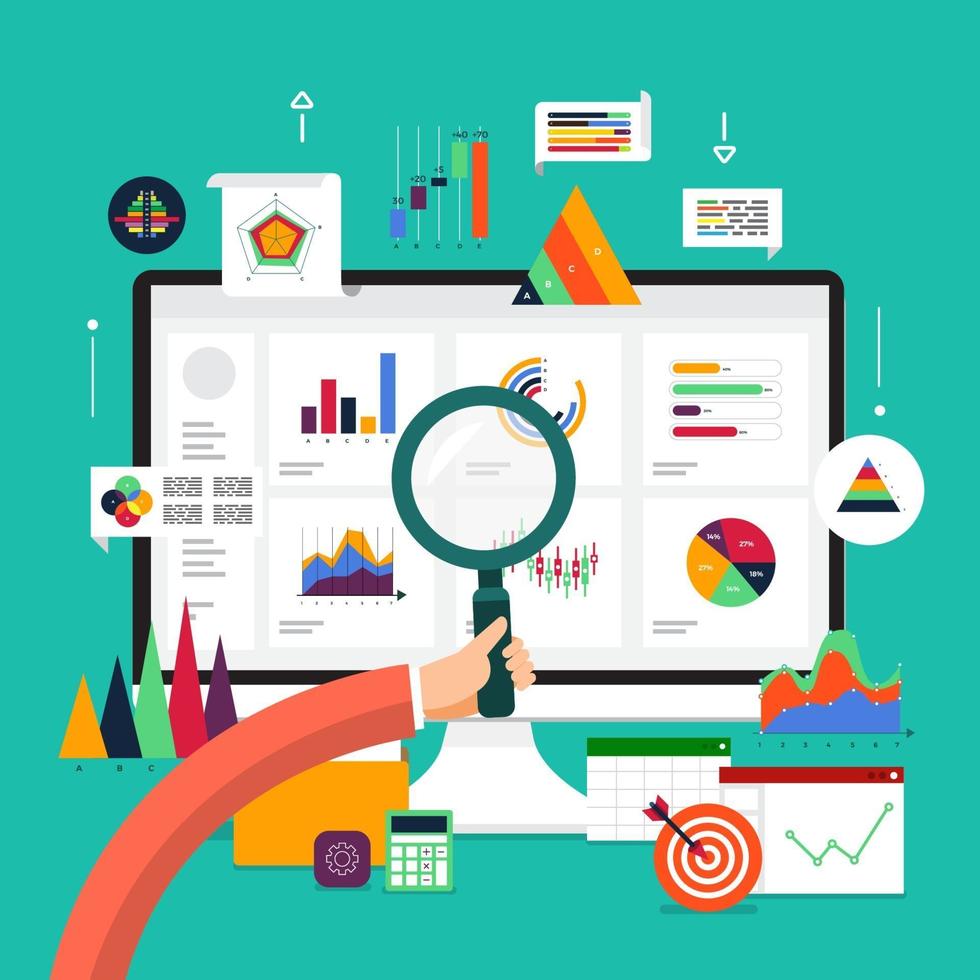 Flat design concept data analysis. Visualize with graph and chart marketing growth. Vector illustration.