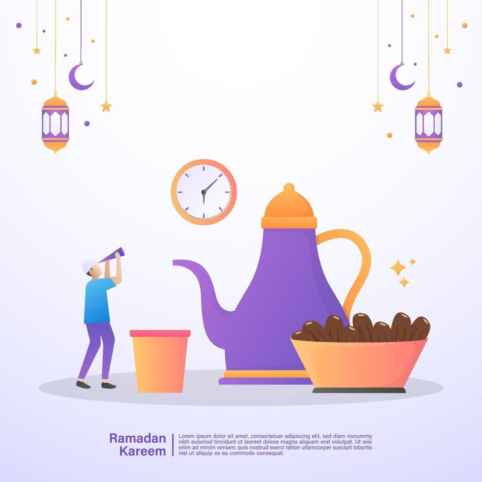 Muslim man waiting for the time iftar of Ramadan. Illustration concept of ramadan kareem vector