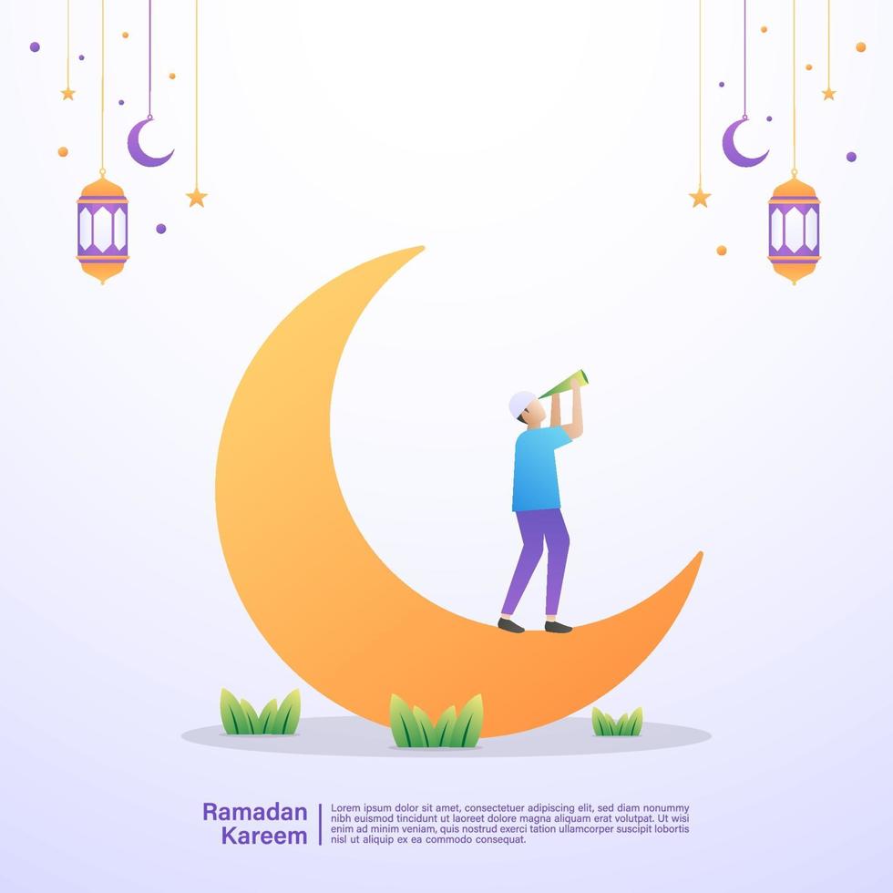 un musulmán está mirando a la luna, esperando la hora del iftar. concepto de ilustración de ramadan kareem vector