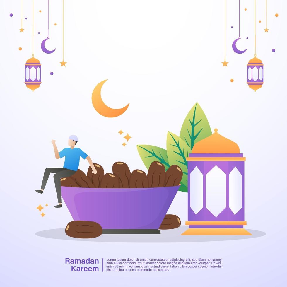 hombre musulmán feliz y disfruta de la comida iftar del ramadán. concepto de ilustración de ramadan kareem vector