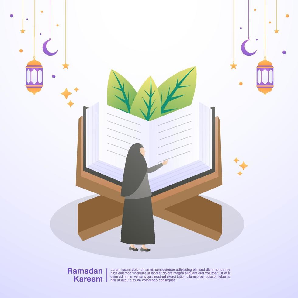 mujer musulmana lee el corán en el mes de ramadán. concepto de ilustración de ramadan kareem vector