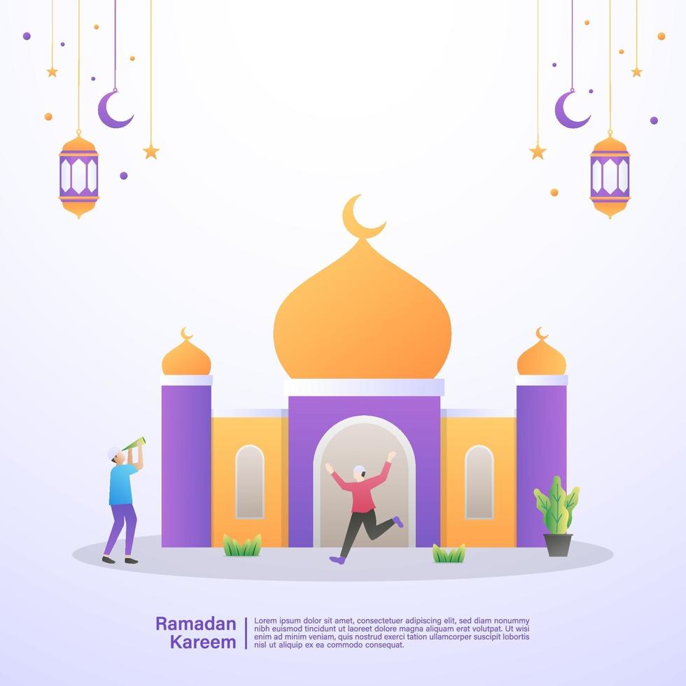 musulmanes felices de dar la bienvenida al mes de Ramadán en una mezquita. concepto de ilustración de ramadan kareem vector