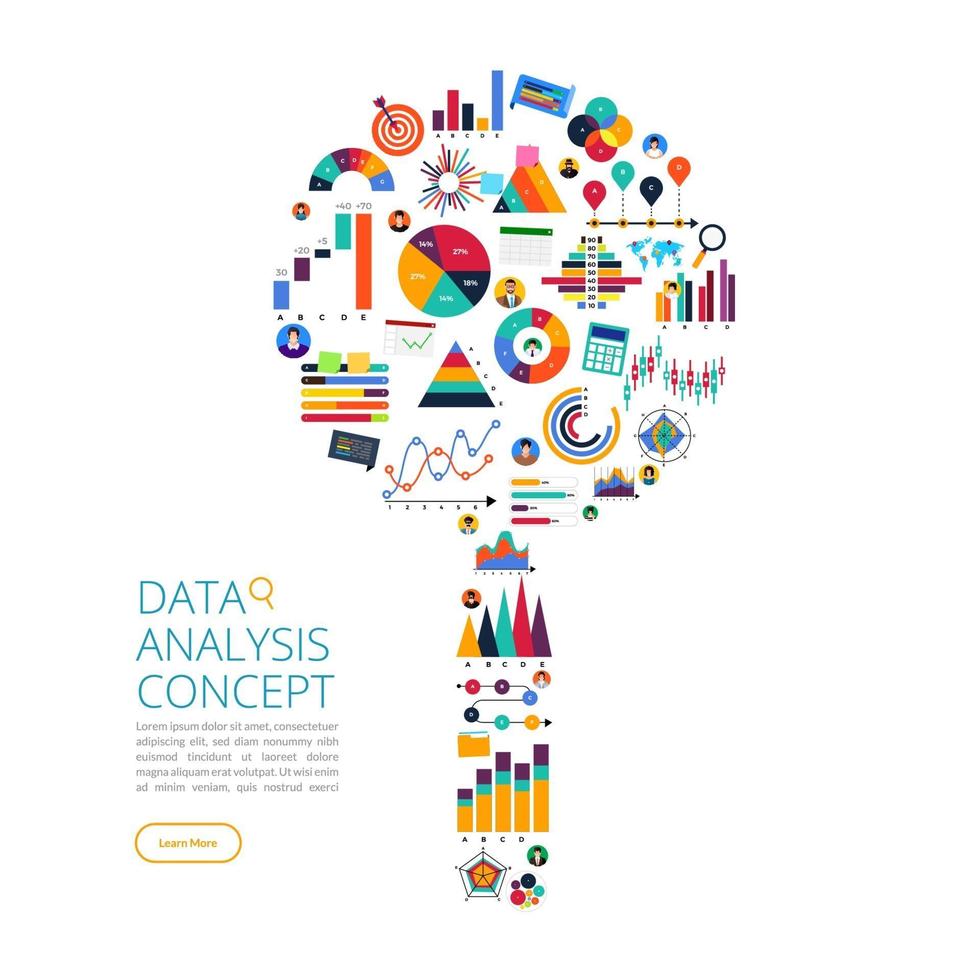 análisis de datos de concepto de diseño plano. visualice con gráficos y tablas el crecimiento del marketing. ilustración vectorial. vector