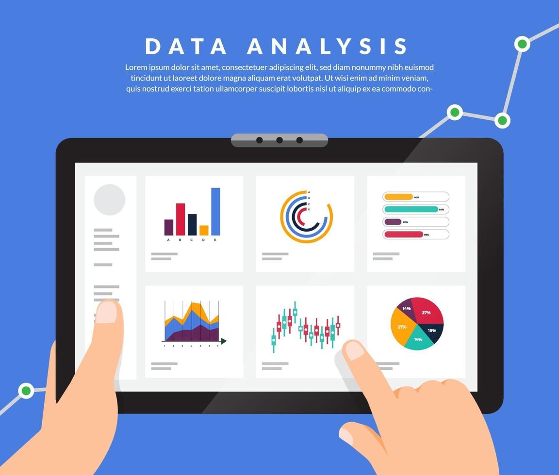 análisis de datos de concepto de diseño plano. visualice con gráficos y tablas el crecimiento del marketing. ilustración vectorial. vector