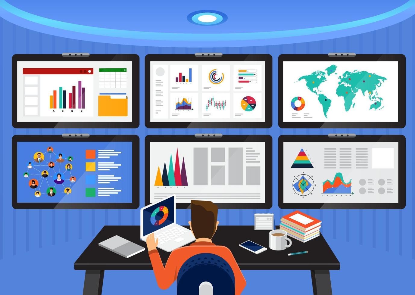 análisis de datos de concepto de diseño plano. visualice con gráficos y tablas el crecimiento del marketing. ilustración vectorial. vector