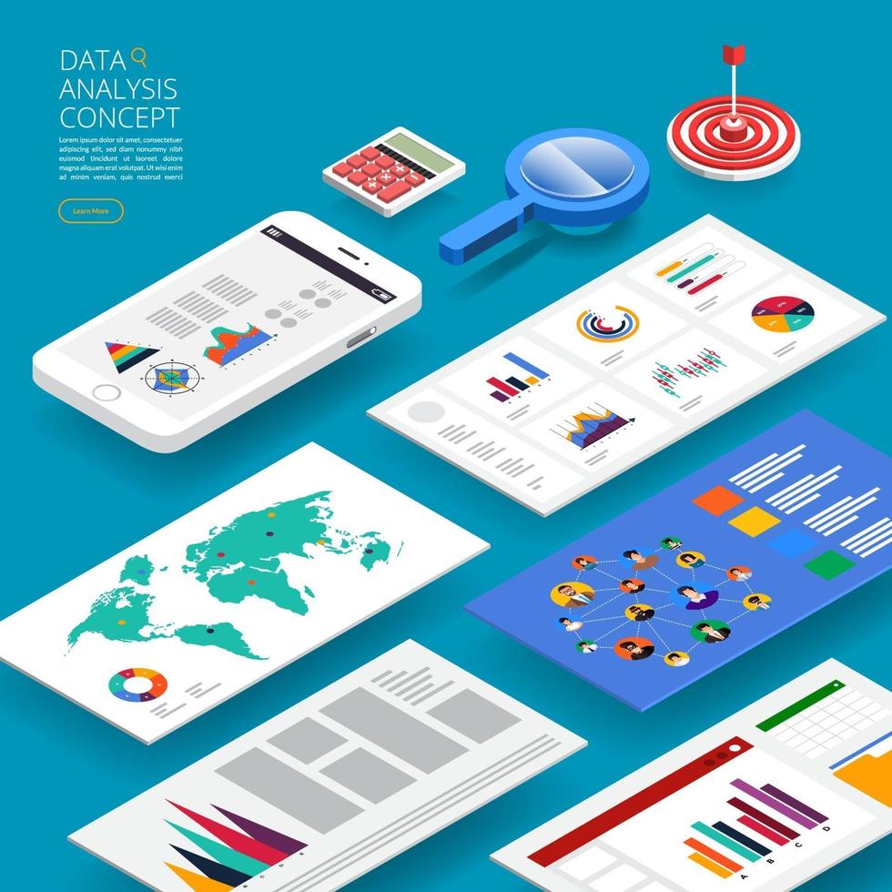 Flat design concept data analysis. Visualize with graph and chart marketing growth. Vector illustration.