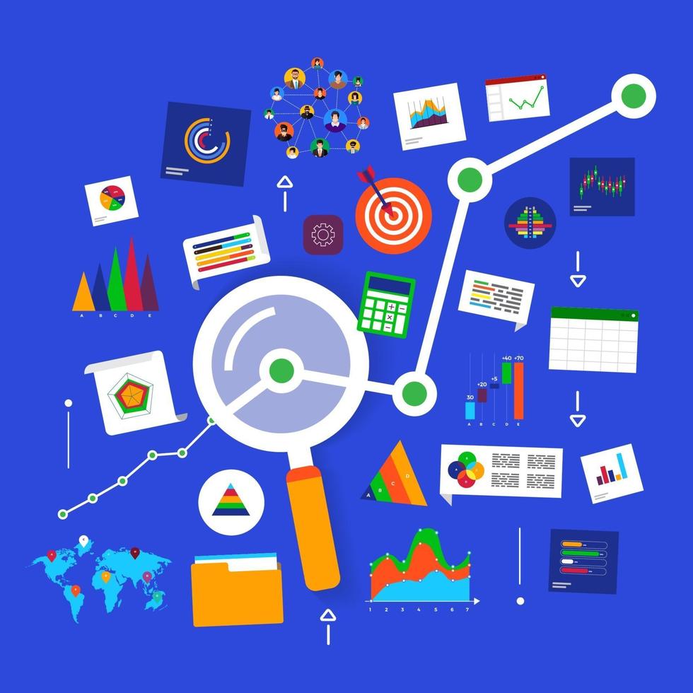 análisis de datos de concepto de diseño plano. visualice con gráficos y tablas el crecimiento del marketing. ilustración vectorial. vector