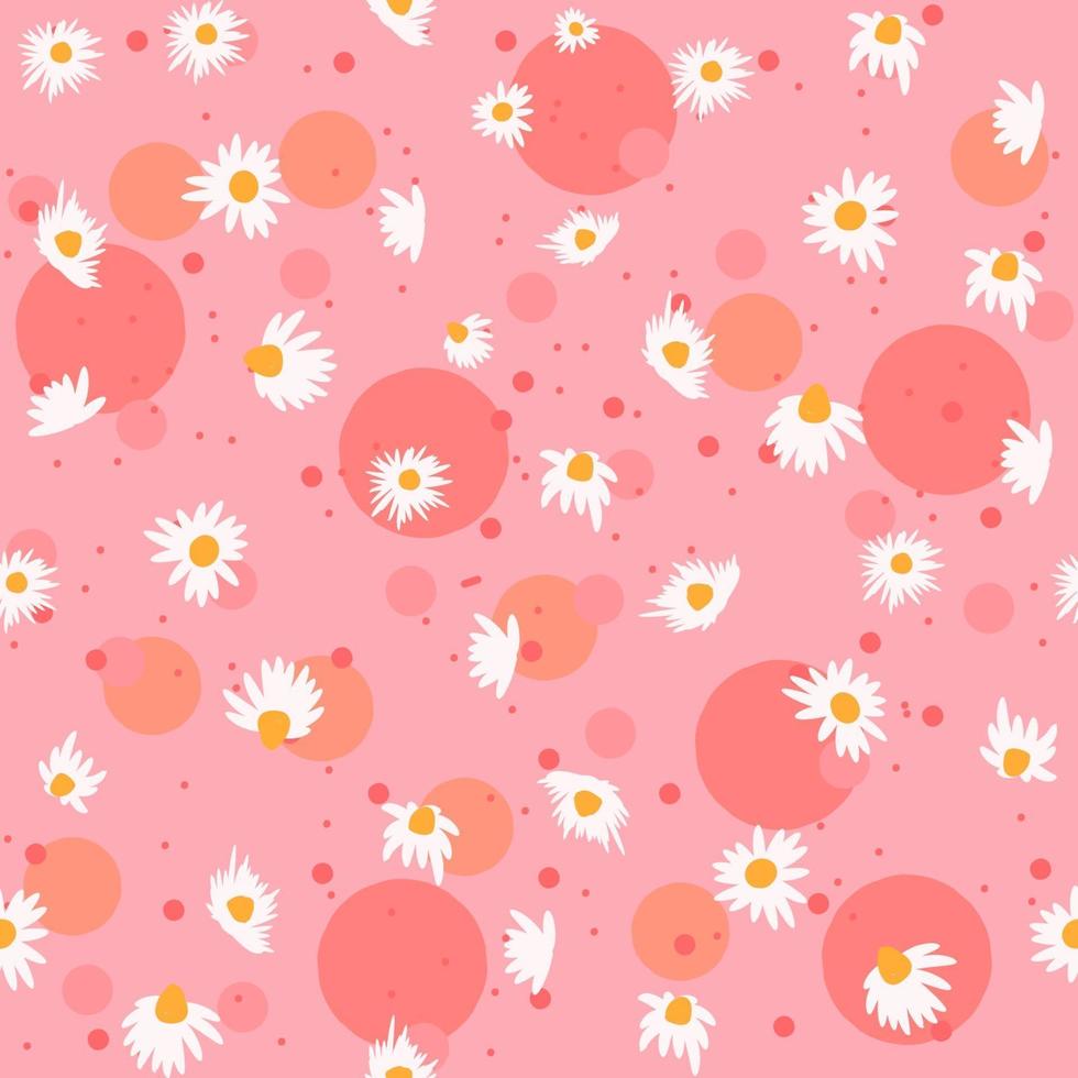 primavera de patrones sin fisuras con flores de manzanilla y burbujas rosas. repetitivo fondo femenino y floral con flores blancas. papel de regalo a base de hierbas. vector