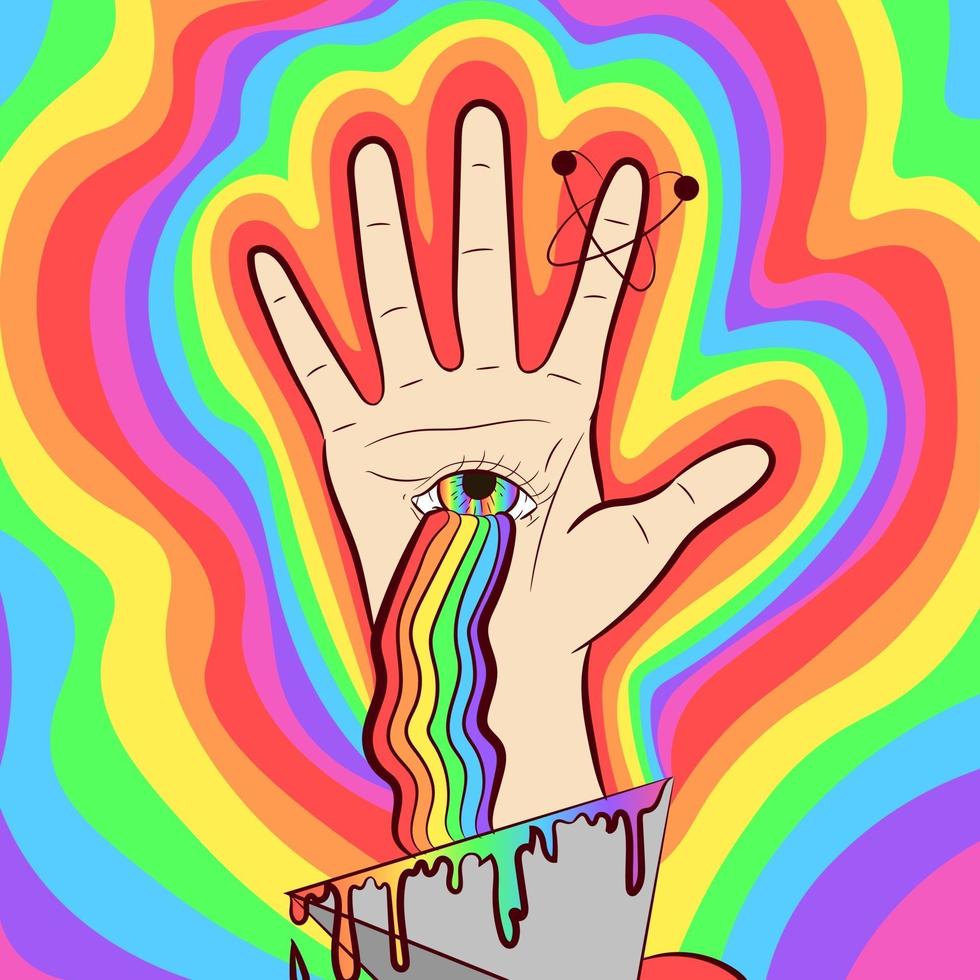 arte vectorial de una mano con el ojo de dios y un arco iris. Ilustración psicodélica y oculta sobre espiritualidad y quiromancia. vector