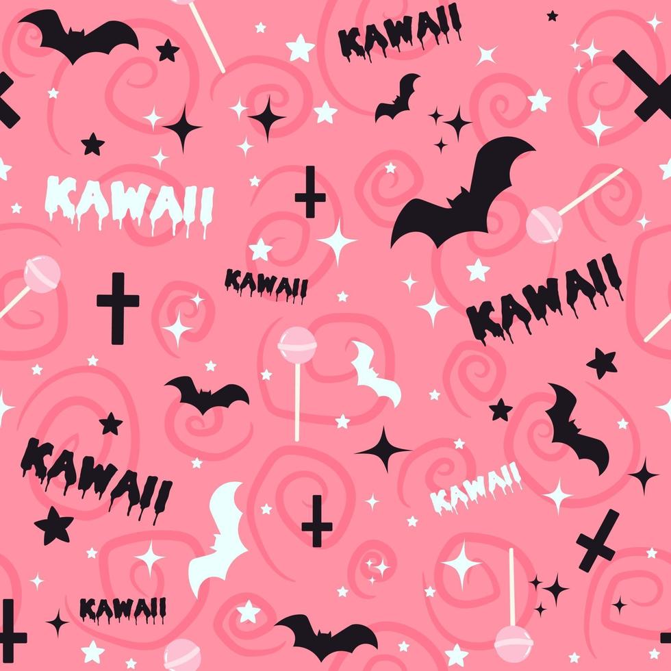 Fondo gótico pastel con murciélagos, piruletas, cruces y estrellas. Patrón rosa kawaii transparente con elementos espeluznantes de halloween y garabatos espeluznantes. vector