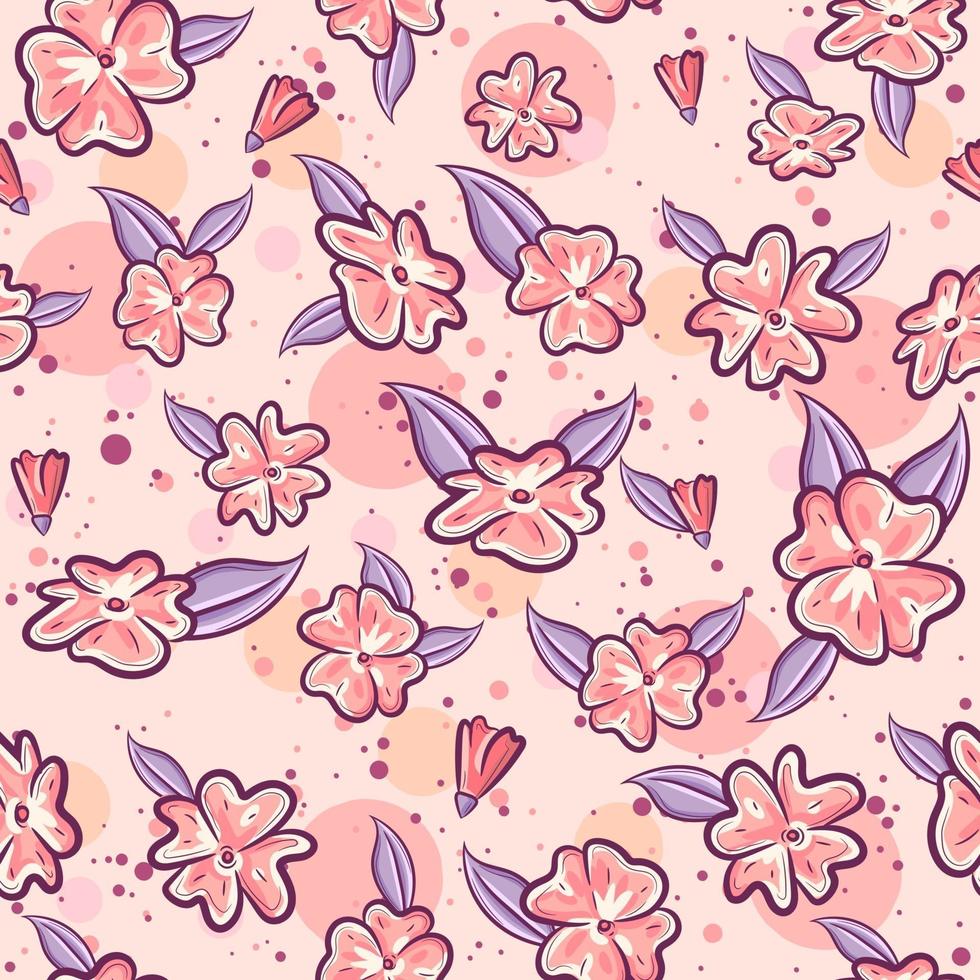 Pink seamless pattern for spring with sakura flowers and purple leaves. Repetitive spring background with floral and herbal motifs. vector