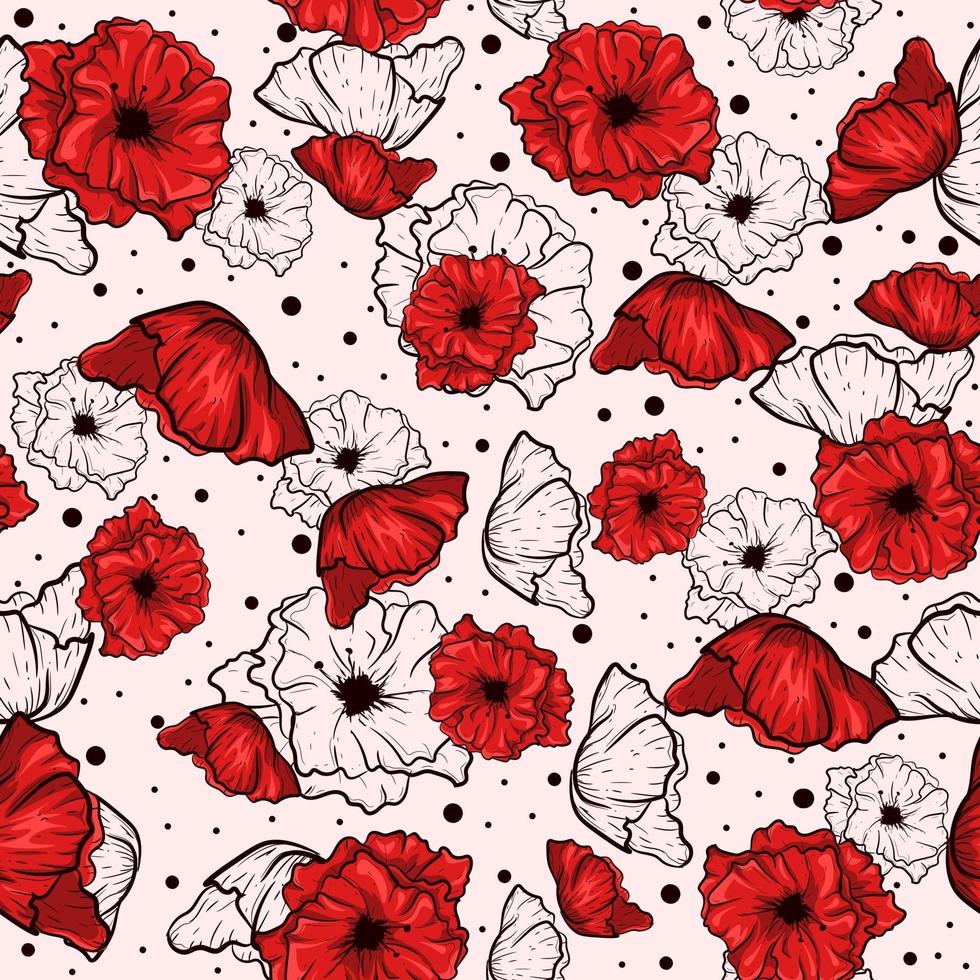 Red seamless pattern with sketch poppies. Repetitive floral background with garden flowers for spring and summer. vector
