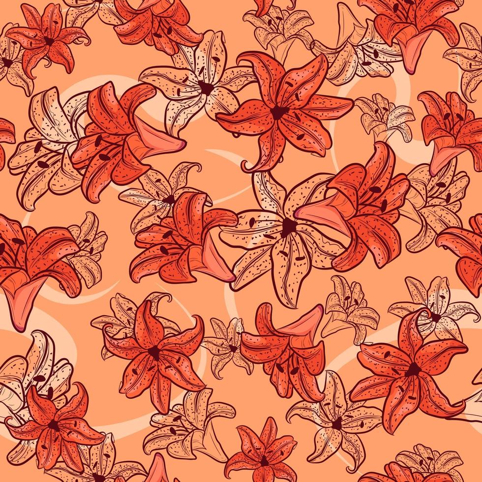 Spring seamless pattern with floral elements and sketches. Repetitive summer background with orange lilies and tulips. Natural and botanical texture with yellow flowers. vector