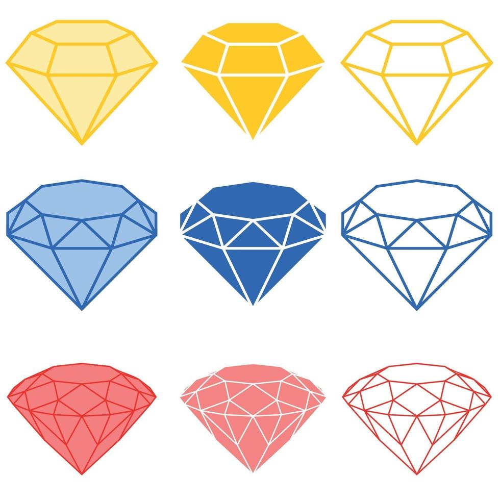 Ilustración de diamantes, en tres tipos de corte, en silueta y líneas. vector