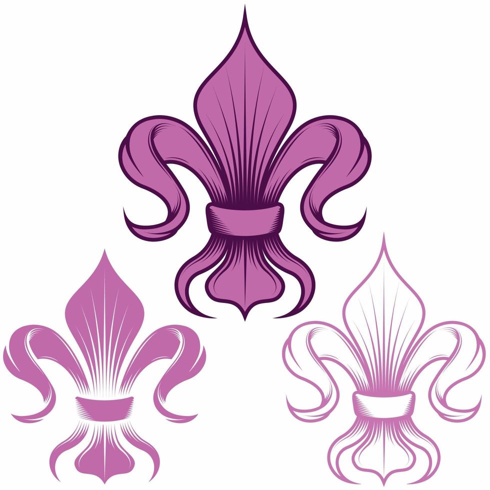 diseño vectorial de flores de liz en tres estilos diferentes, símbolo utilizado en la heráldica medieval. vector