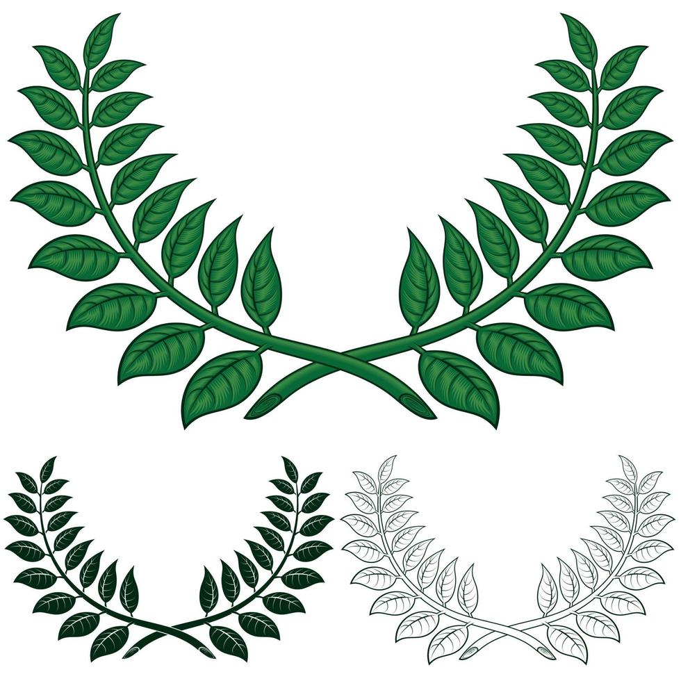 Laurel wreath vector design, two laurel branches making a semicircle in three different styles.