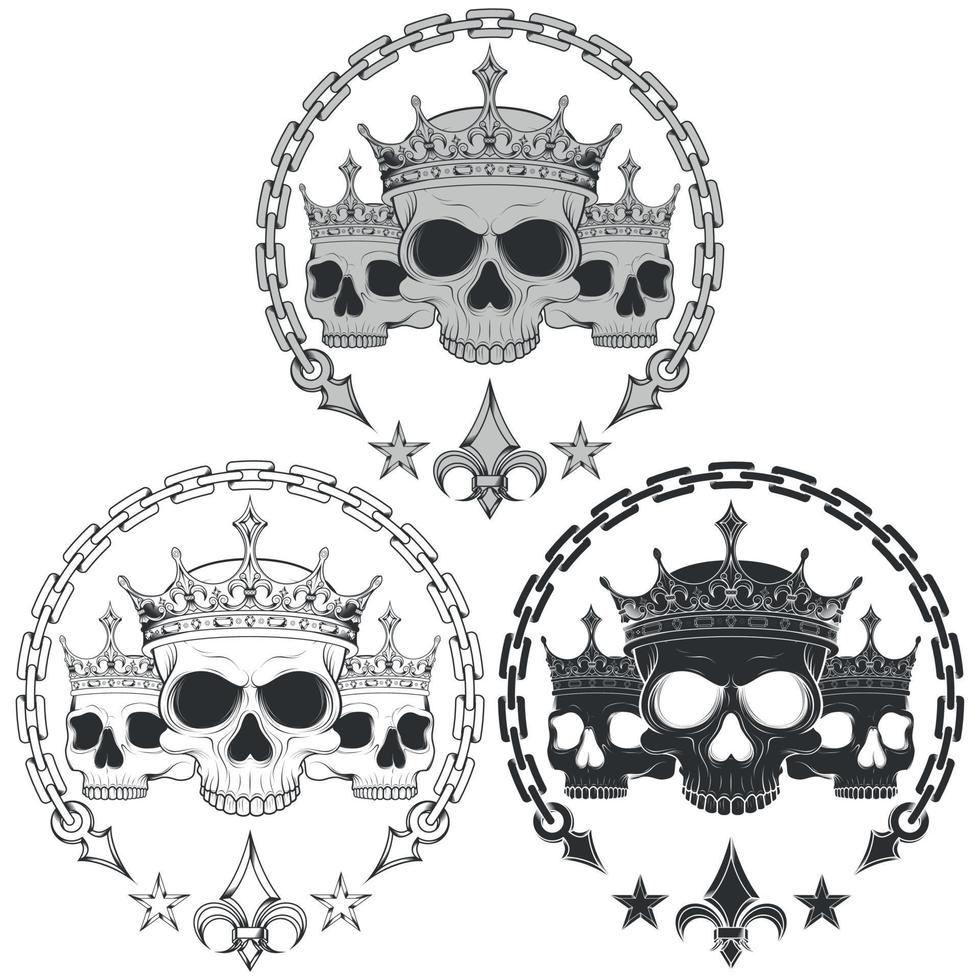 Illustration of crowned skulls, with chains and liz flower vector