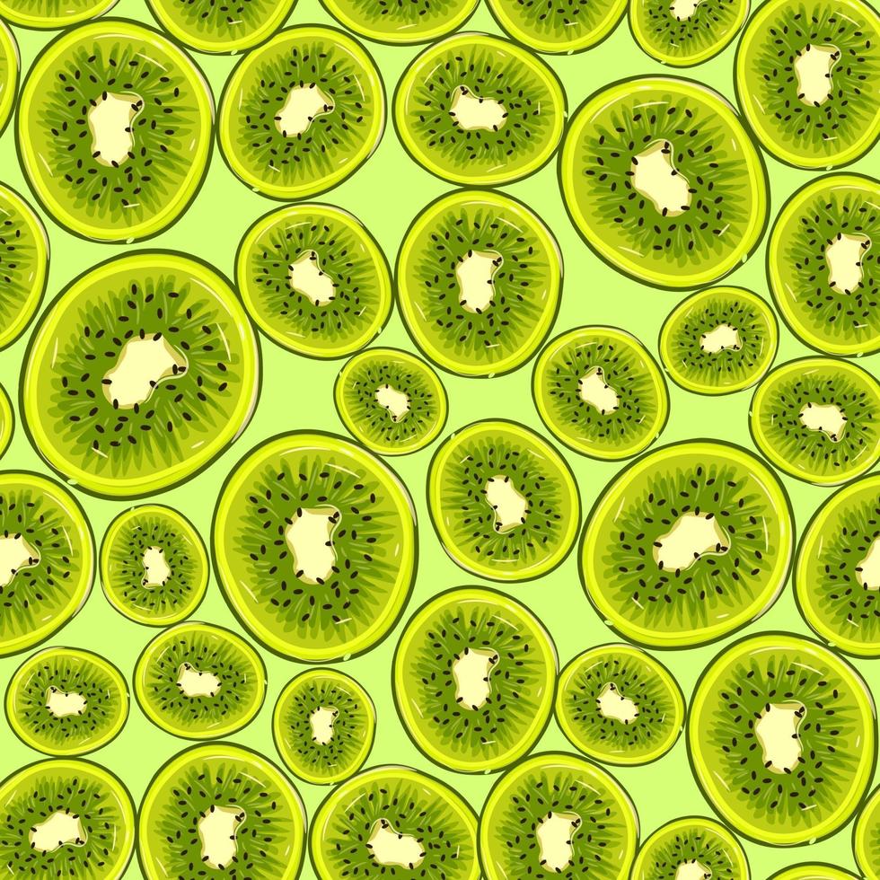 Green seamless pattern with ripe kiwis for summer. Repetitive background with citric fruits. Vector texture with tropical and organic food.