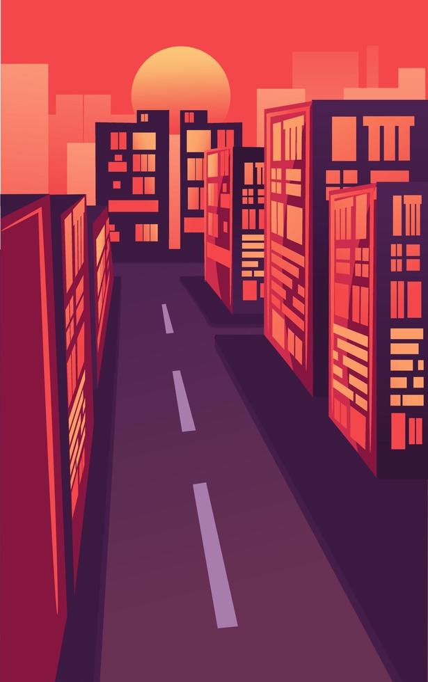 Flat illustration of cityscape with corporate buildings. Modern and futuristic landscape with glowing neon skyscrapers and constructions under sun. Summer downtown panorama vector