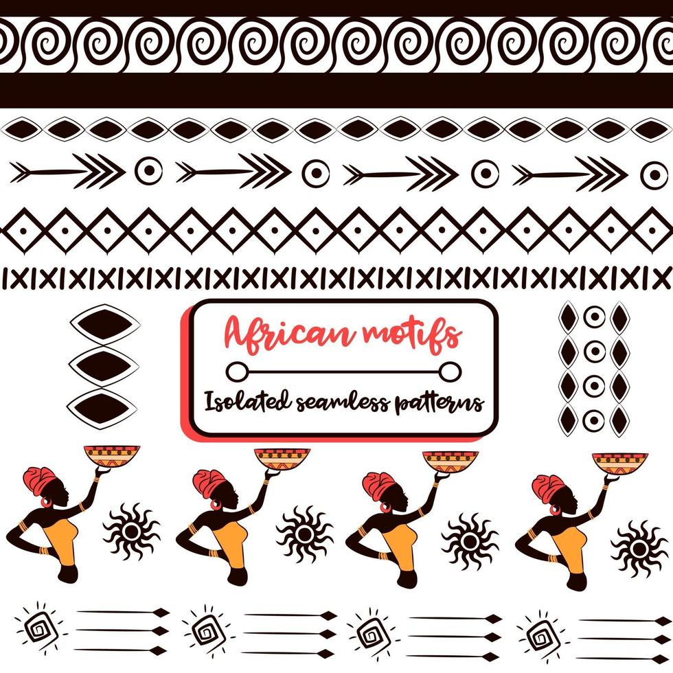 Ethnic tribal elements pack with african borders and motifs. Collection of folk and national seamless patterns from Africa. Isolated repeat backgrounds with aztec, mayan and indian cultural doodles. vector