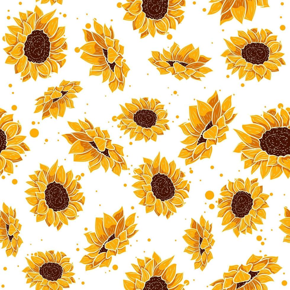 Yellow seamless pattern with tropical summer flowers. Floral repetition background with spring floral elements. Vector wallpaper with sunflower and daisy plants in bloom.