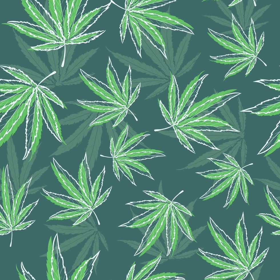 patrón transparente verde con hierbas medicinales. Fondo repetitivo con marihuana y hojas de cannabis. ilustración natural de cáñamo. vector