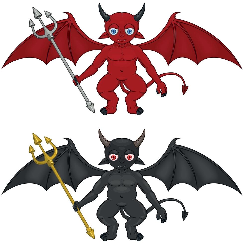 diseño vectorial dos diablitos con diferentes colores con tridentes y alas de demonio. vector