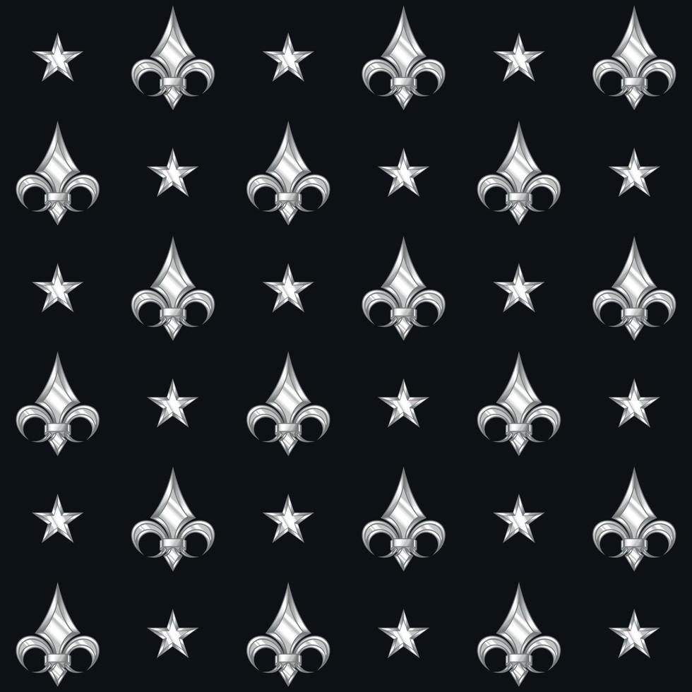 Diseño de vector de patrón geométrico con flores de lirio y estrellas, estilo plateado metálico.