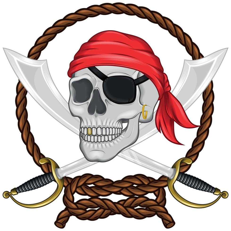 Diseño de calavera pirata con espadas y cuerda. vector