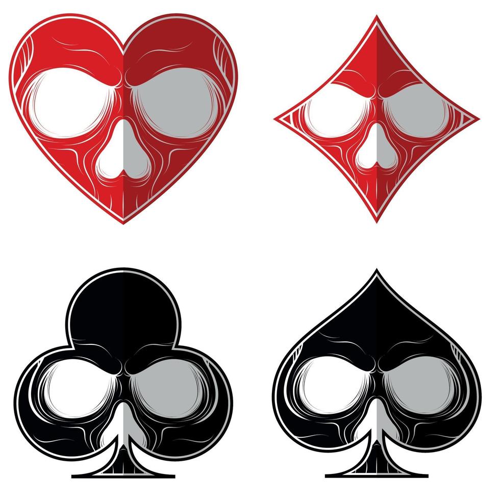 Vector design, skull with the four poker symbols, heart, diamond, ace, clover, all on white background.
