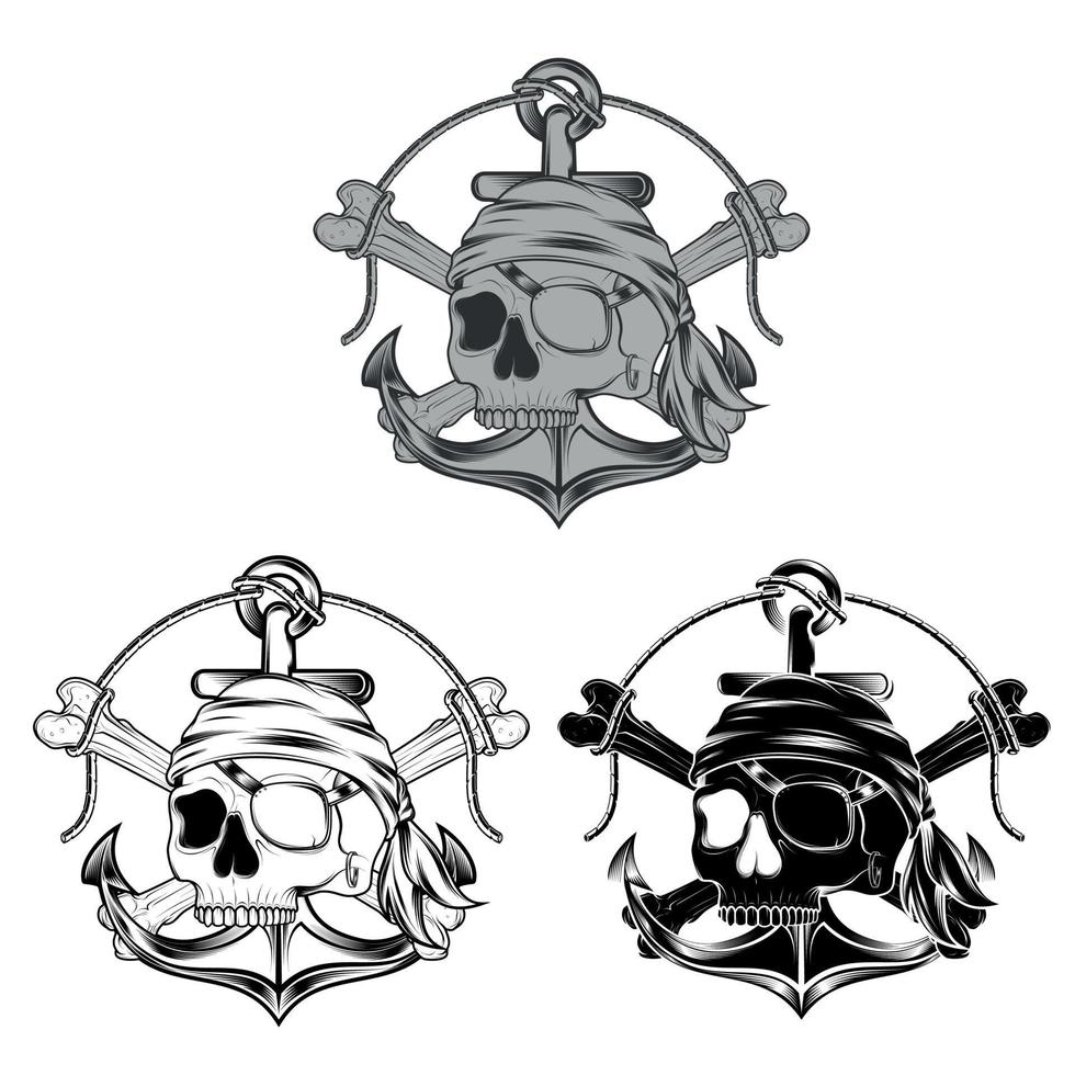 Vector design of black and white pirate skulls