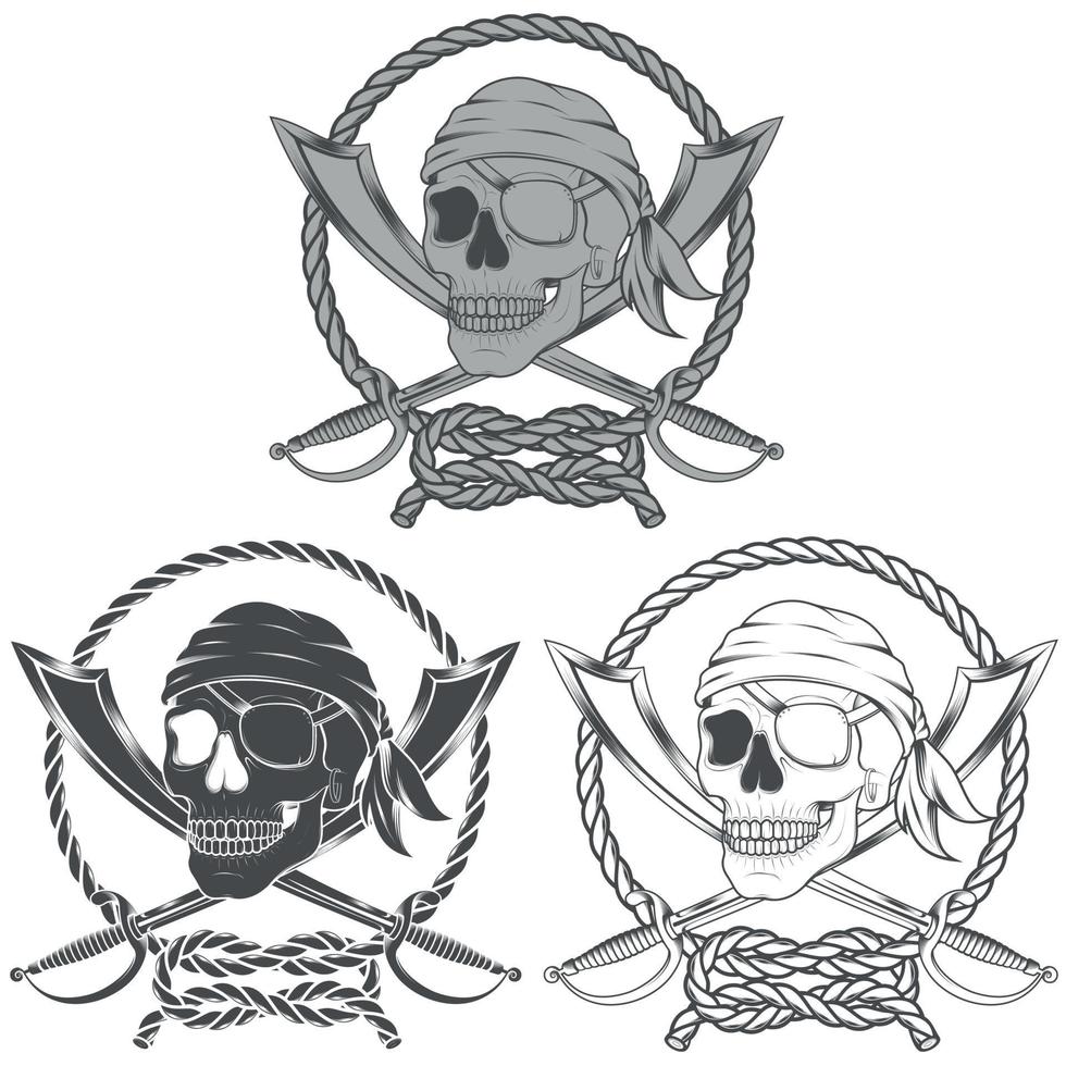 Pirate skull design with grayscale swords vector