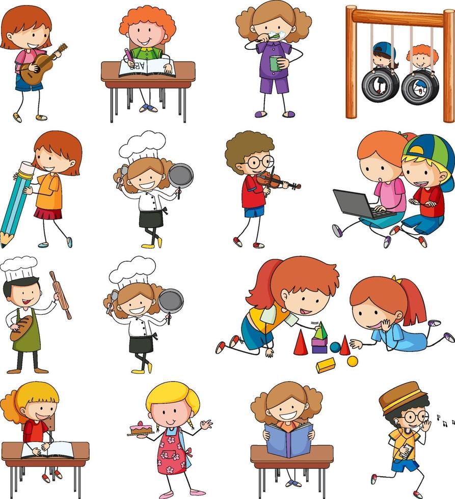 Set of different doodle kids cartoon character vector