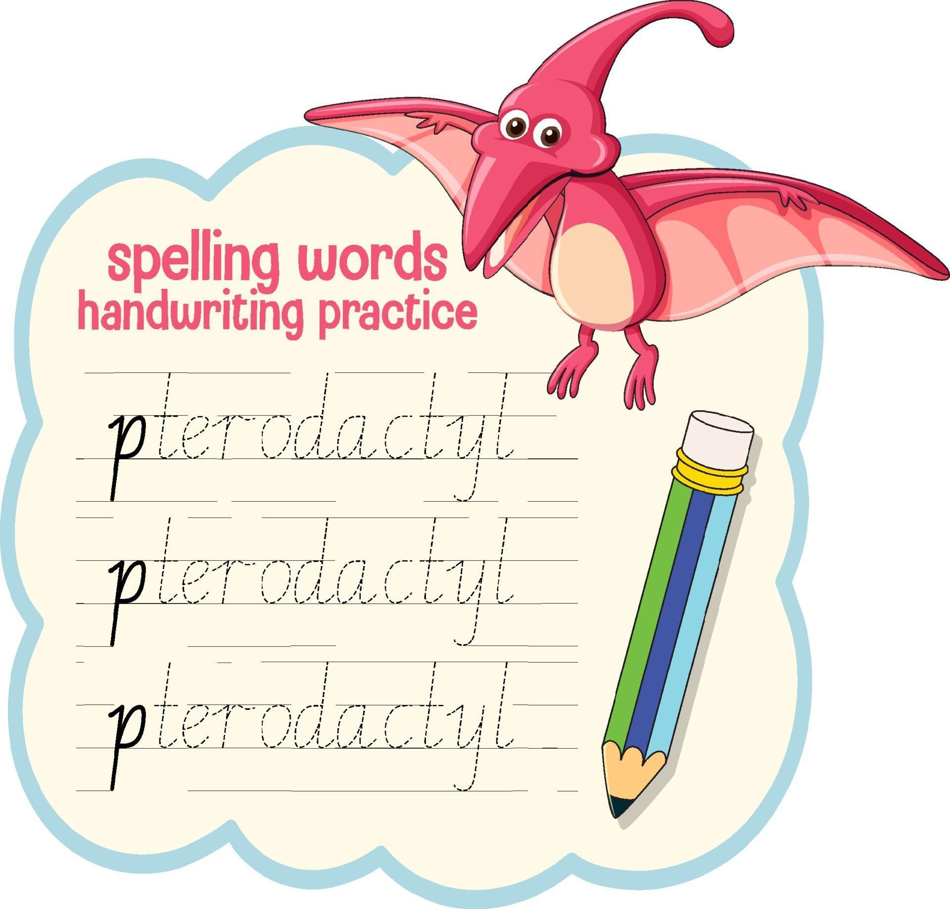 Spelling words dinosaur handwriting practice worksheet 2178259 Vector